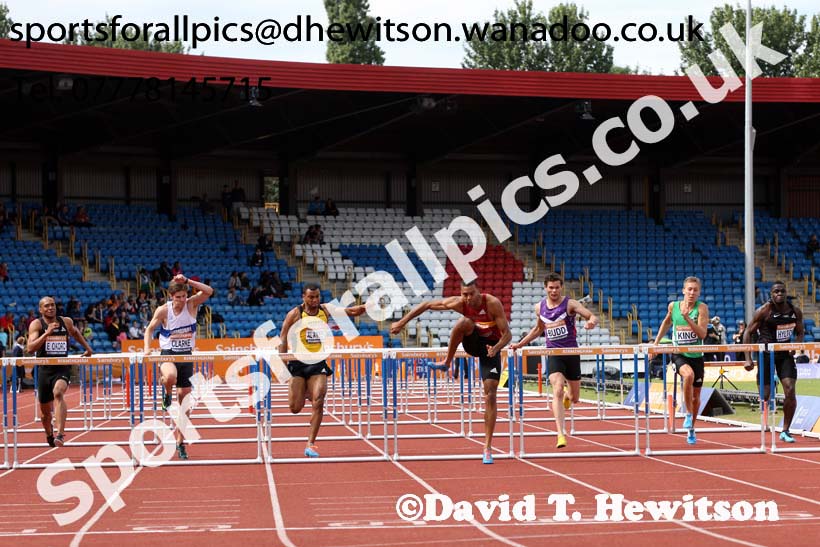 William Sharman (Belgrave) wins the 110 metres hurdles, 2014 Sainsbury's British Championships. Photo: David T. Hewitson/Sports for All Pics